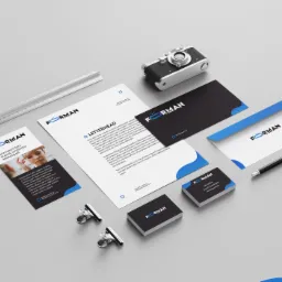 Zestaw materiałów firmowych z logo: wizytówki, papier firmowy, koperta, ulotka, długopis, spinacze i aparat fotograficzny w stylu retro.