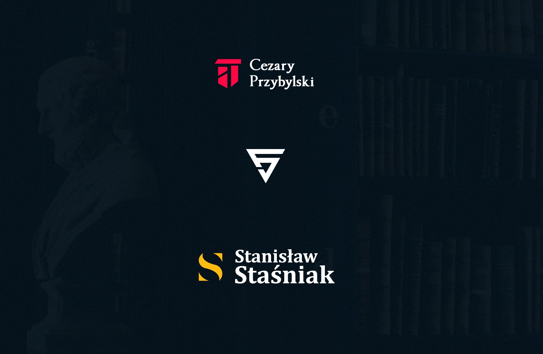 Prezentacja trzech różnych projektów logo: Cezary Przybylski (czerwony), logo z odwróconym trójkątem (biały), Stanisław Staśniak (żółty), na ciemnym tle z subtelnym zarysem popiersia i półek...
