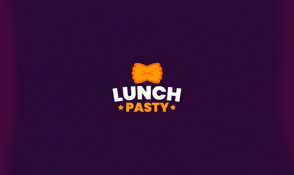Animowane logo 'Lunch Pasty' z pomarańczową ikoną przypominającą makaron kokardkę na ciemnofioletowym tle.