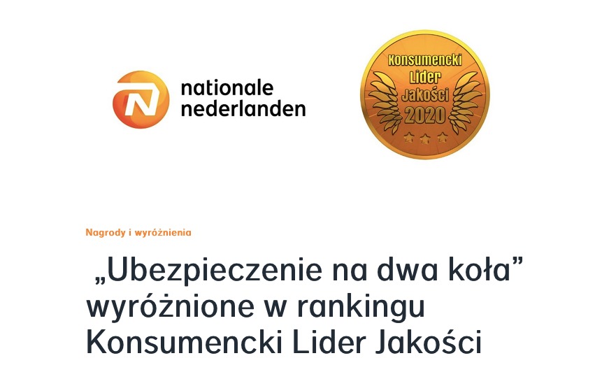 Logo Nationale Nederlanden obok złotej odznaki Konsumencki Lider Jakości 2020 oraz tekstu 'Ubezpieczenie na dwa koła' wyróżnione w rankingu Konsumencki Lider Jakości.