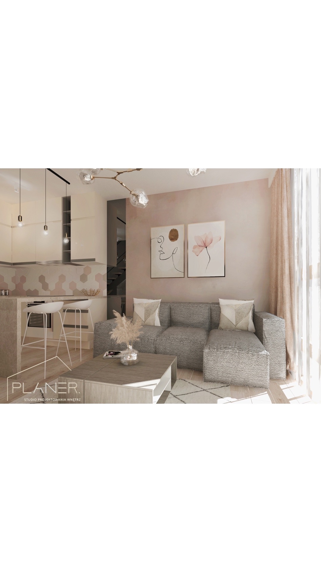 Wizualizacja salonu z aneksem kuchennym w odcieniach beżu i szarości, z minimalistycznymi grafikami na ścianie, nowoczesnym oświetleniem i geometrycznym dywanem.