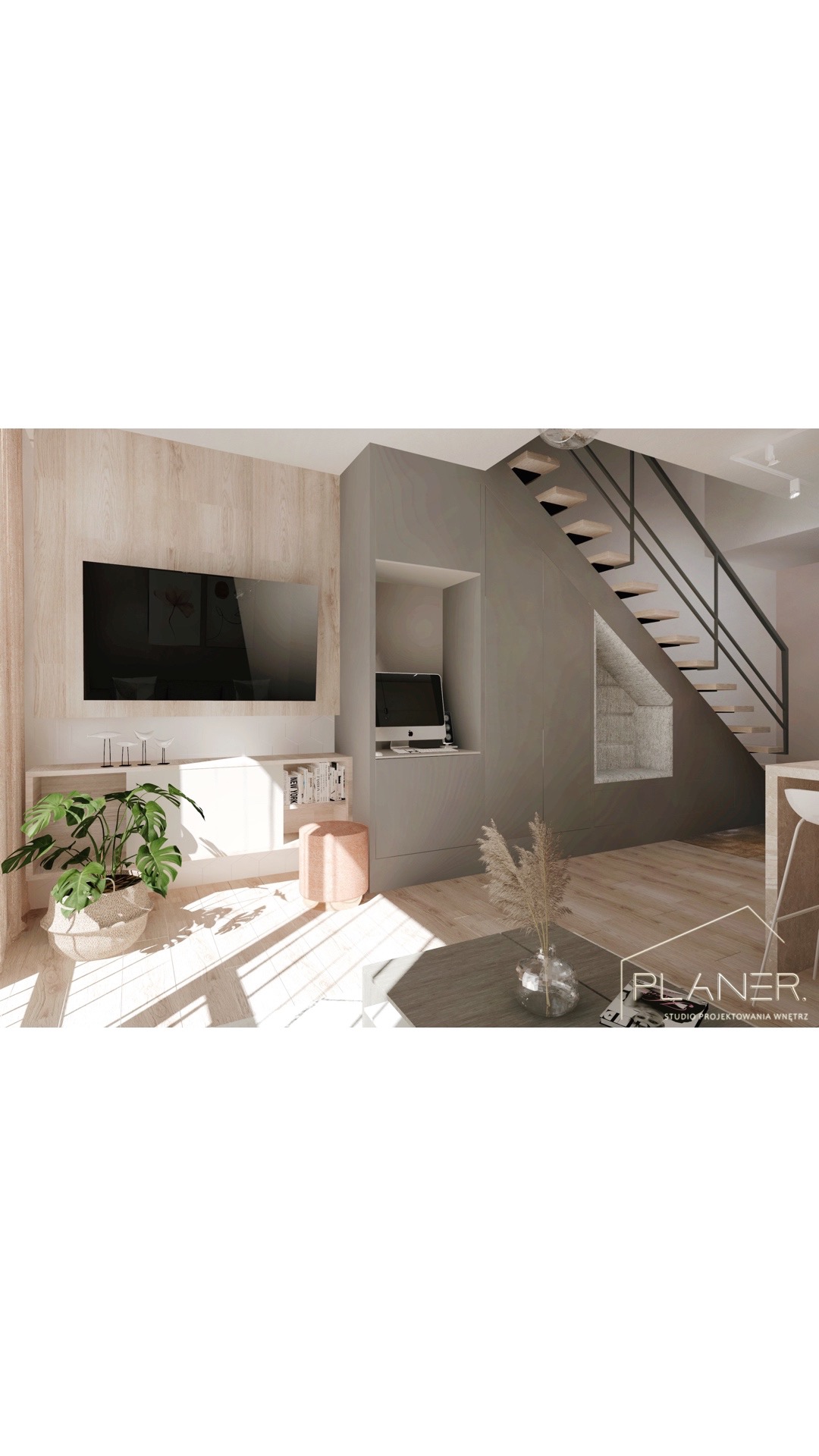 Wizualizacja salonu z drewnianą ścianą TV, zielonym kwiatem w plecionym koszu, szarą zabudową ze schodami i biurkiem, oraz wazonem z suchymi trawami na stoliku kawowym.