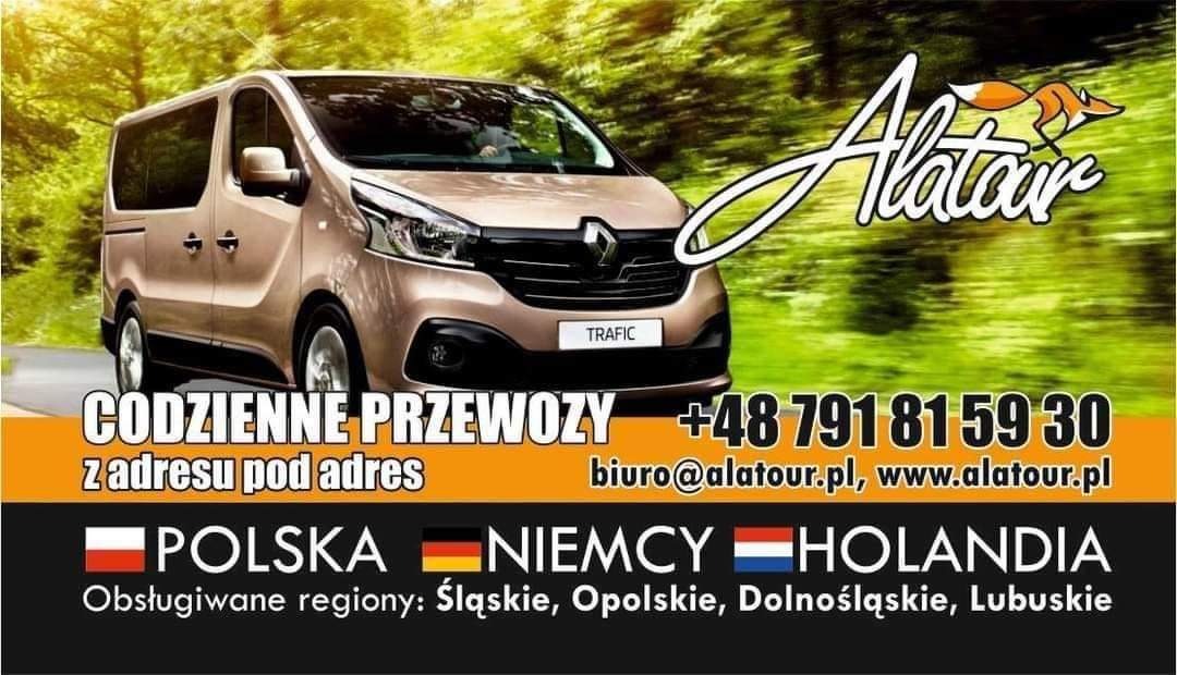 Reklama firmy Alataur z beżowym busem Renault Trafic na tle zieleni, oferującej przewozy z adresu pod adres do Polski, Niemiec i Holandii z numerem telefonu i adresem email.