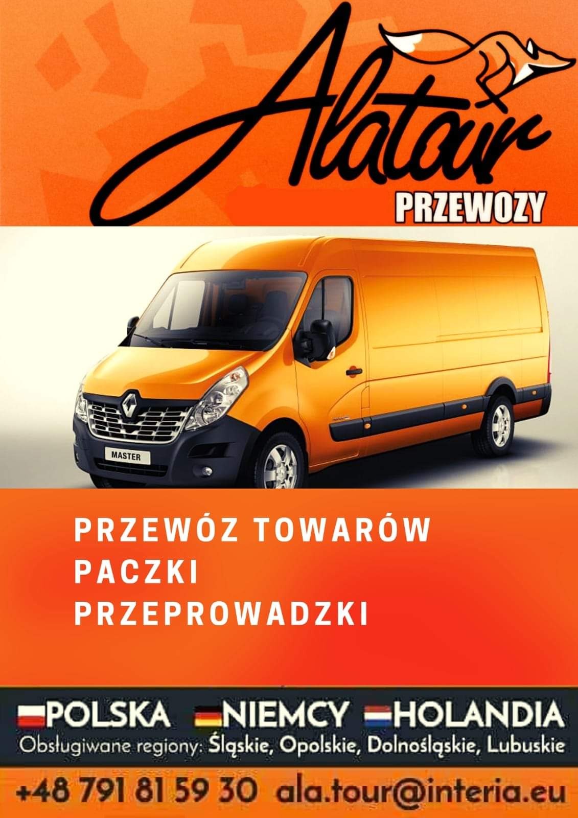 Żółty samochód dostawczy Renault Master z logo firmy Alatair Przewozy, oferującej transport towarów, paczek i przeprowadzek, obsługującej regiony Śląskie, Opolskie, Dolnośląskie i Lubuskie,...