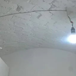 Wnętrze z łukowym sufitem z cegły pomalowanym na biało, widoczna żarówka na kablu i gładka biała ściana.