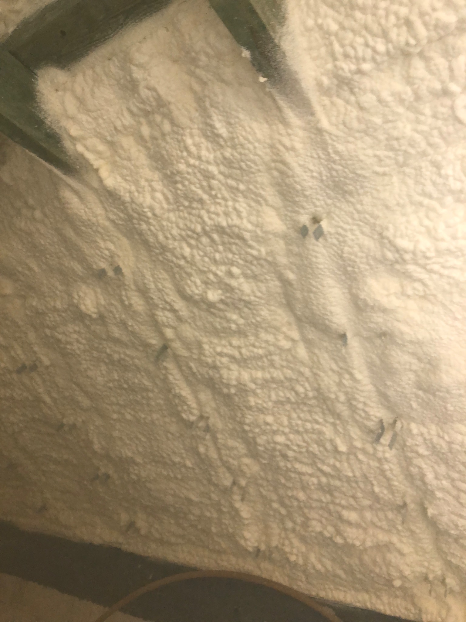 Świeżo nałożona, jasna pianka izolacyjna wypełnia przestrzeń między drewnianymi belkami stropowymi, tworząc jednolitą warstwę z widocznymi drobnymi niedoskonałościami w strukturze.