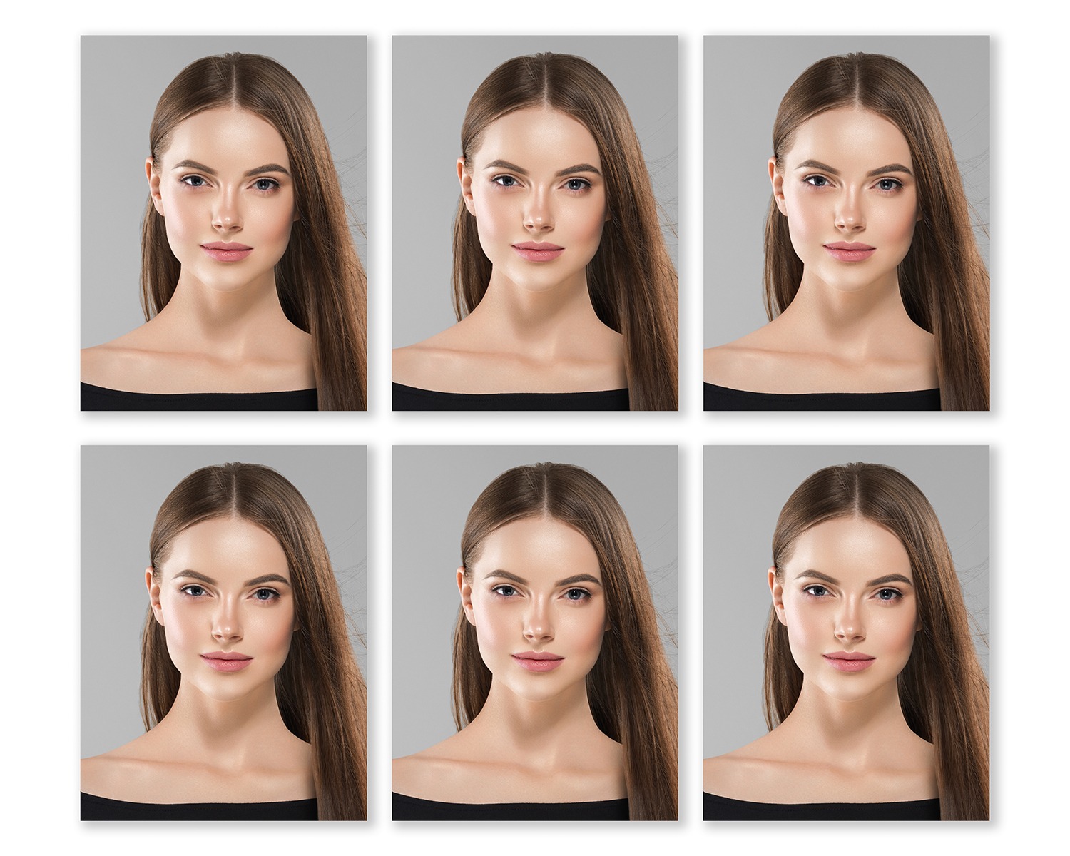 Kompozycja sześciu portretów tej samej kobiety z różnym oświetleniem i delikatnymi zmianami w makijażu, na jednolitym szarym tle.