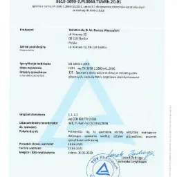 Skan spawalniczego świadectwa kwalifikacji firmy TECHNI-HAL D. W. Dariusz Wyrozębski, potwierdzającego spełnienie wymagań dotyczących spawania zgodnie z normą EN 1090-1:2009+A1:2011, tabela B.1...