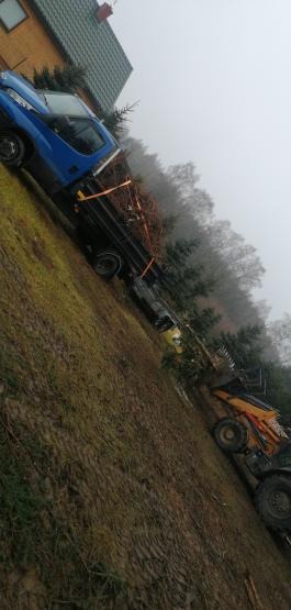 Niebieski samochód dostawczy z załadunkiem gałęzi zabezpieczonym pasami transportowymi, obok żółta koparko-ładowarka na błotnistym terenie, w tle budynek i drzewa we mgle.