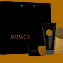 Czarna torba prezentowa, tuba kosmetyczna, saszetka i wizytówka z gradientem i logo 'IMPACT' na pomarańczowym tle.