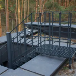 Zewnętrzne schody metalowe z kratką, prowadzące w dół, z balustradą, malowane na szaro, na tle lasu sosnowego.