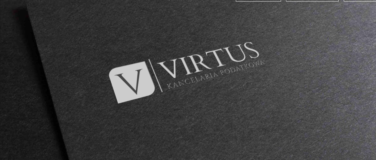 Logo firmy Virtus Kancelaria Podatkowa na ciemnoszarym, teksturowanym tle.