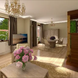 Wizualizacja przestronnego salonu z jadalnią, utrzymana w jasnej kolorystyce, z drewnianą podłogą i dywanem w orientalne wzory. W centrum stoi stół jadalny z krzesłami, a w tle widoczny jest duży...