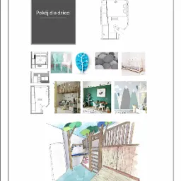 Kolaż projektu pokoju dziecięcego zawierający rzut pomieszczenia, paletę kolorów, wizualizacje mebli i akcesoriów oraz odręczny szkic perspektywiczny z łóżkiem-domkiem na podeście.