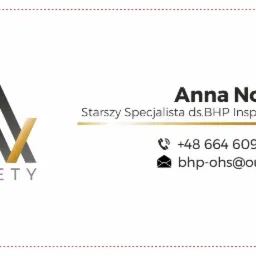 Wizytówka Anny Nowackiej, Starszego Specjalisty ds. BHP i Inspektora P. POŻ., z numerem telefonu i adresem e-mail oraz logo firmy SAFETY.