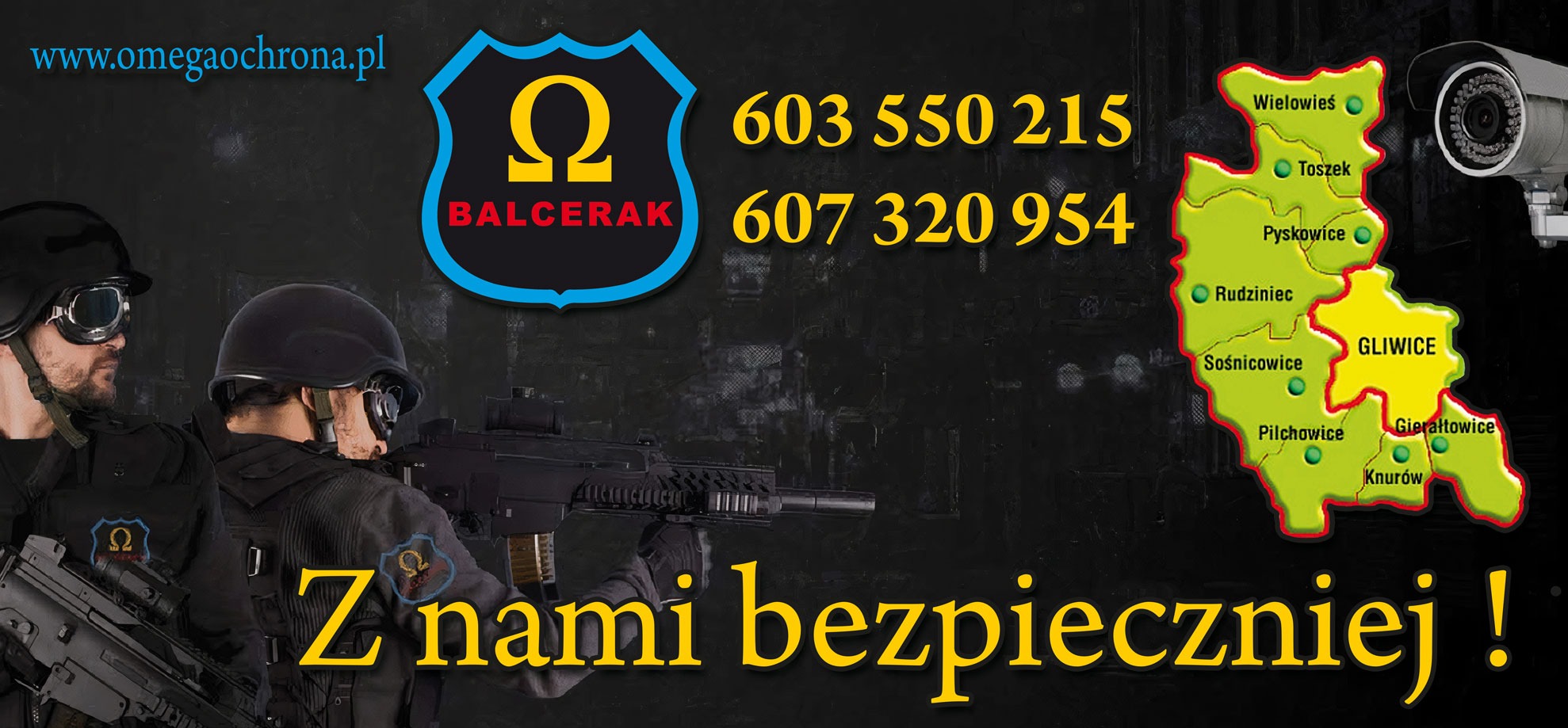 Dwóch uzbrojonych mężczyzn w hełmach, logo firmy, numery telefonów i mapa z zaznaczonymi miejscowościami. Napis: Z nami bezpieczniej!