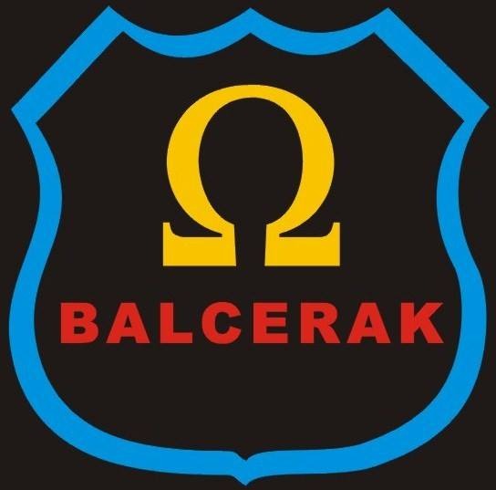 Logo firmy ochroniarskiej BALCERAK z Gliwic. Żółta Omega na czarnym tle, obramowanie tarczy w kolorze niebieskim, nazwa firmy czerwona.
