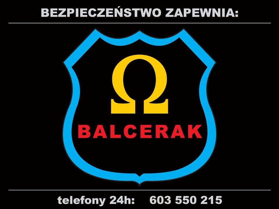 Logo firmy BALCERAK: niebieska tarcza, złota Omega, czerwony napis BALCERAK, czarne tło, biały napis 'Bezpieczeństwo zapewnia', numer telefonu 24h.