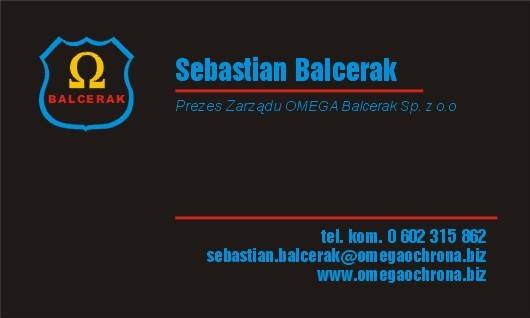 Wizytówka z niebieskim logo w kształcie tarczy z symbolem Omega, imieniem i nazwiskiem Sebastian Balcerak, danymi kontaktowymi i adresem strony internetowej.