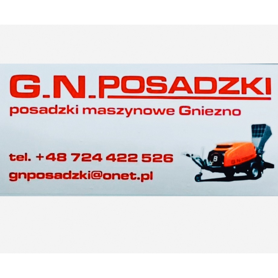 Wizytówka firmy G.N. Posadzki z Gniezna, oferującej posadzki maszynowe. Kontakt: tel. +48 724 422 526, gnposadzki@onet.pl. Obok danych kontaktowych grafika maszyny do posadzek.