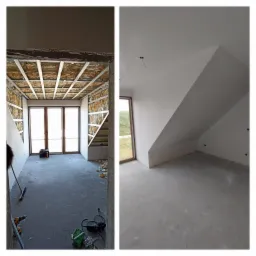 Dwuczęściowe ujęcie: po lewej ocieplone poddasze z widoczną wełną mineralną i metalową konstrukcją, po prawej wygładzone i pomalowane poddasze ze skosem i oknem.