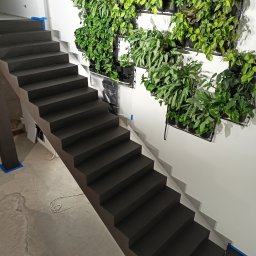 Mikrocement Podlasie - Schody pokryte szarą powłoką, z pionowym ogrodem na ścianie. Widoczne zabezpieczenia taśmą malarską. Surowy beton na podłodze. Minimalistyczny design.