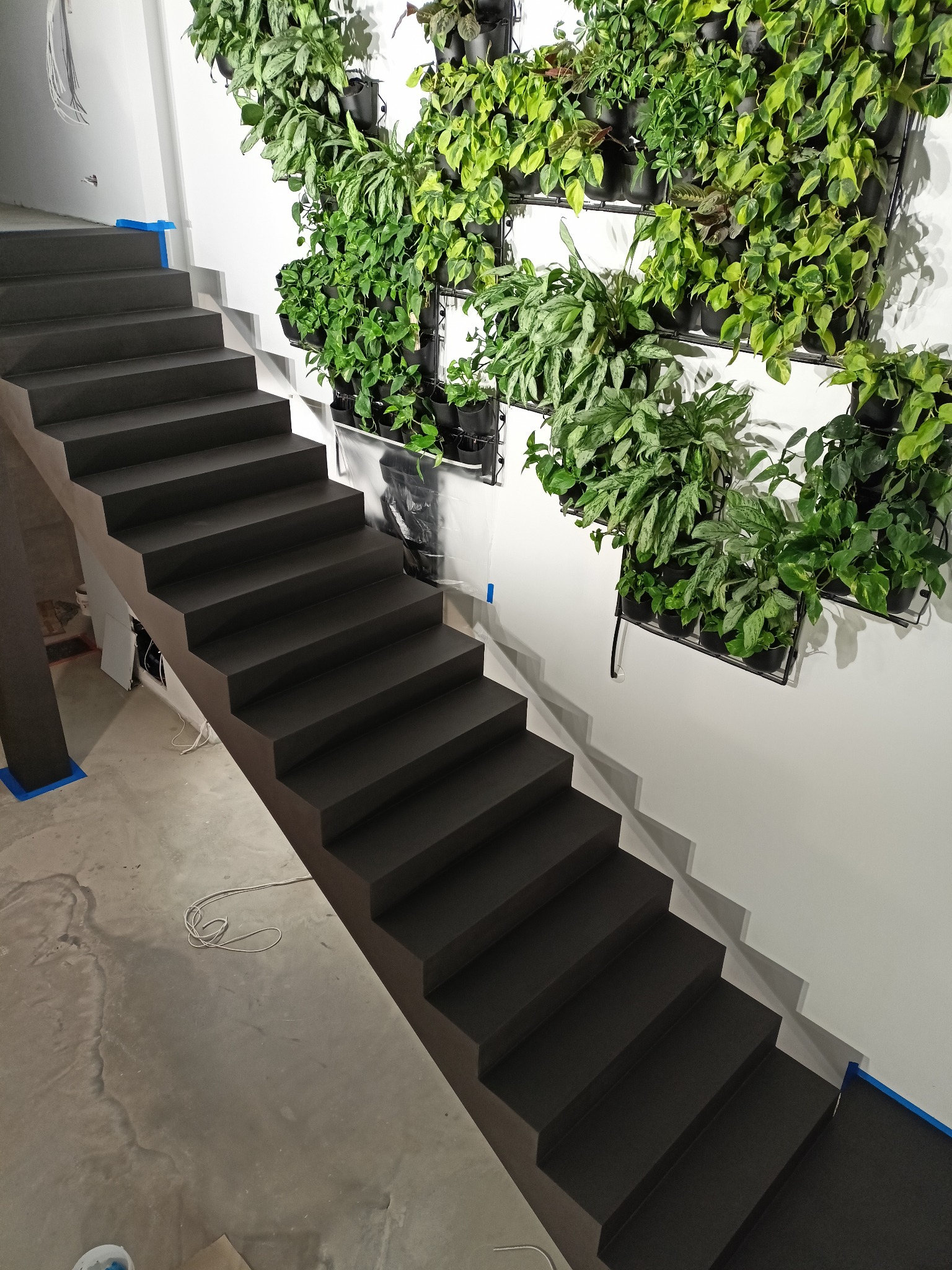Schody pokryte szarą powłoką, z pionowym ogrodem na ścianie. Widoczne zabezpieczenia taśmą malarską. Surowy beton na podłodze. Minimalistyczny design.
