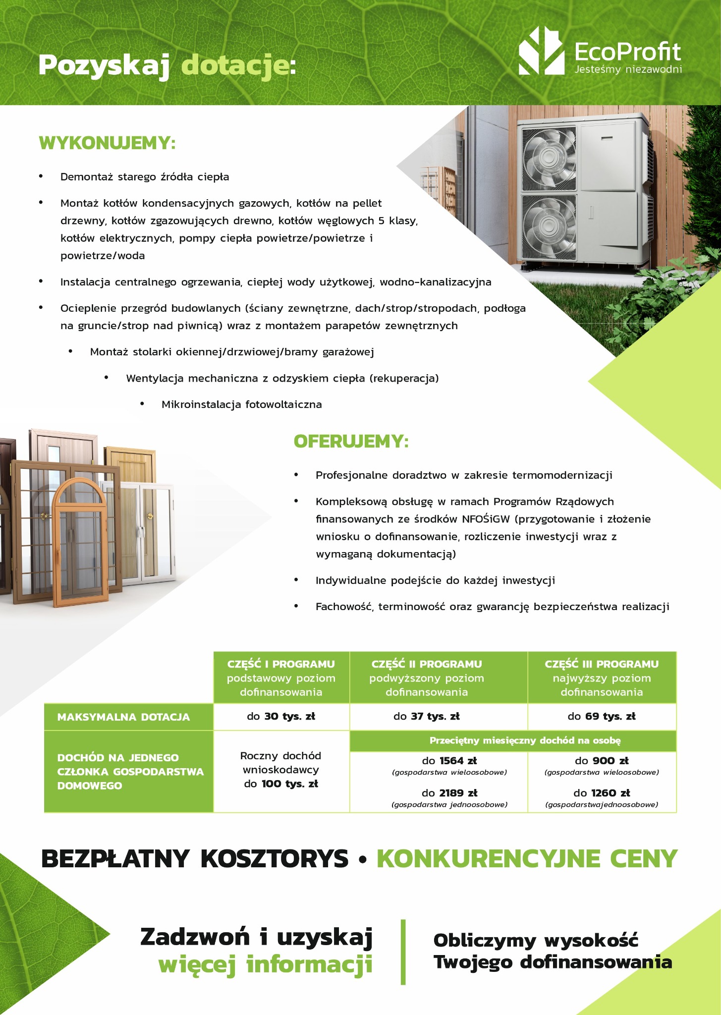 Grafika informacyjna firmy EcoProfit prezentująca zakres usług: montaż kotłów, instalacji, ocieplenia, wentylacji i mikroinstalacji fotowoltaicznych, wraz z informacjami o programach dofinansowania...