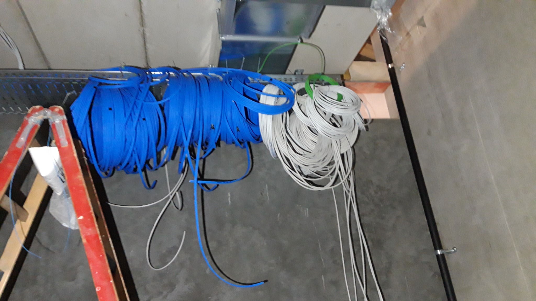 Zwisające kable elektryczne w kolorze niebieskim i białym, ułożone w pętle na metalowej drabince w surowym wnętrzu.