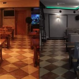 Arteria Studio Wnętrz- usługi remontowe - Porównanie dwóch aranżacji wnętrz restauracji: po lewej ciepła kolorystyka z drewnianymi meblami i akwarium, po prawej nowoczesny minimalizm z szarymi krzesłami i zielonym oświetleniem LED.