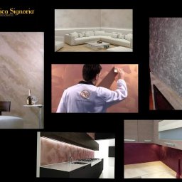 Arteria Studio Wnętrz- usługi remontowe - Kolaż przedstawiający różne wykończenia ścian dekoracyjnymi tynkami i farbami, w tym imitacje marmuru, metaliczne efekty oraz aplikację tynku przez malarza w białym uniformie z logo firmy Antica...