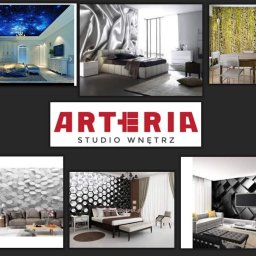 Arteria Studio Wnętrz- usługi remontowe - Kompozycja kolażu prezentująca różne aranżacje wnętrz: sypialnia z fototapetą kosmiczną na suficie, sypialnia z satynową zasłoną, jadalnia z fototapetą z brzozowym lasem, salon z trójwymiarową...