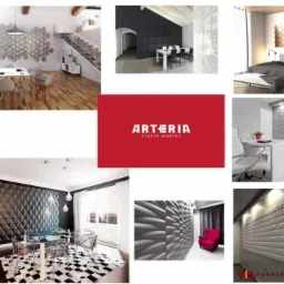 Kolaż przedstawiający różne aranżacje wnętrz z wykorzystaniem dekoracyjnych paneli ściennych 3D, w tym jadalnia z heksagonalnymi panelami, sypialnia z drewnianymi panelami, biuro z geometrycznymi...