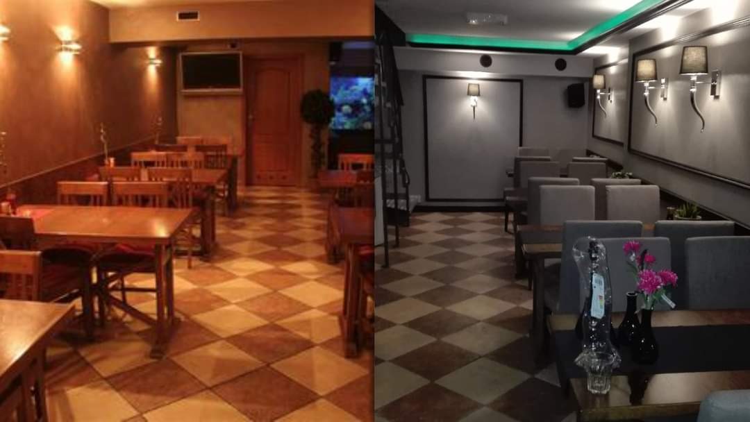 Porównanie dwóch aranżacji wnętrz restauracji: po lewej ciepła kolorystyka z drewnianymi meblami i akwarium, po prawej nowoczesny minimalizm z szarymi krzesłami i zielonym oświetleniem LED.