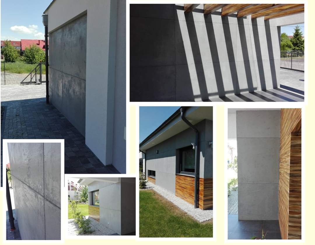 Nowoczesna elewacja domu jednorodzinnego z szarego betonu architektonicznego w kilku ujęciach, z drewnianymi elementami dekoracyjnymi i zadaszeniem tarasu z drewnianych belek.