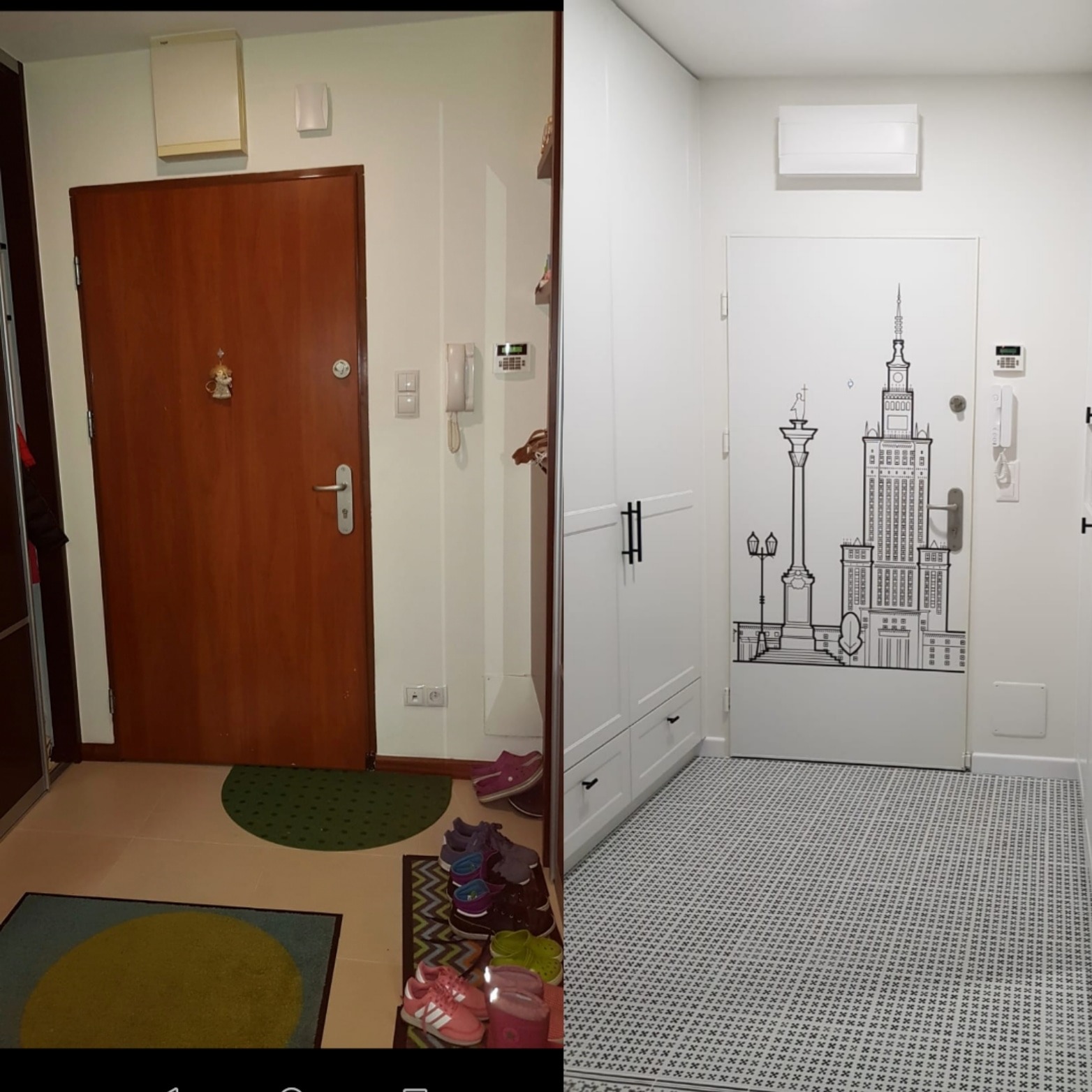 Przedpokój po remoncie: po lewej stronie brązowe drzwi wejściowe, po prawej białe drzwi z czarnym rysunkiem panoramy Warszawy, biała szafa i nowa podłoga w biało-czarną mozaikę.