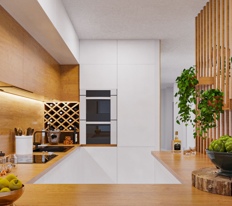 Nowoczesna kuchnia z drewnianymi i białymi frontami, oświetleniem LED, półką na wino, roślinami doniczkowymi i drewnianym blatem z owocami.