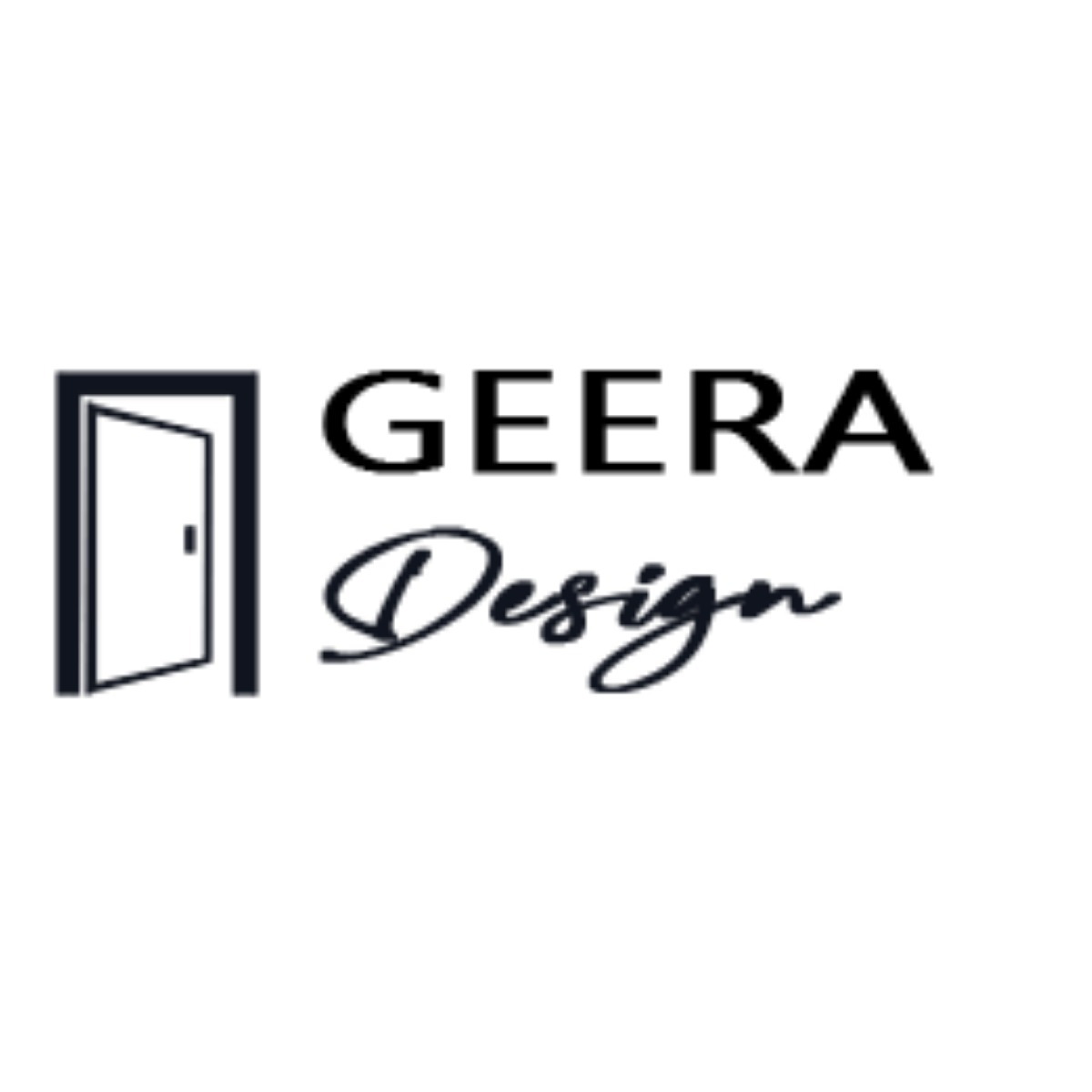 Logo firmy Geera Design z symbolem otwartych drzwi w kolorze czarnym na białym tle.