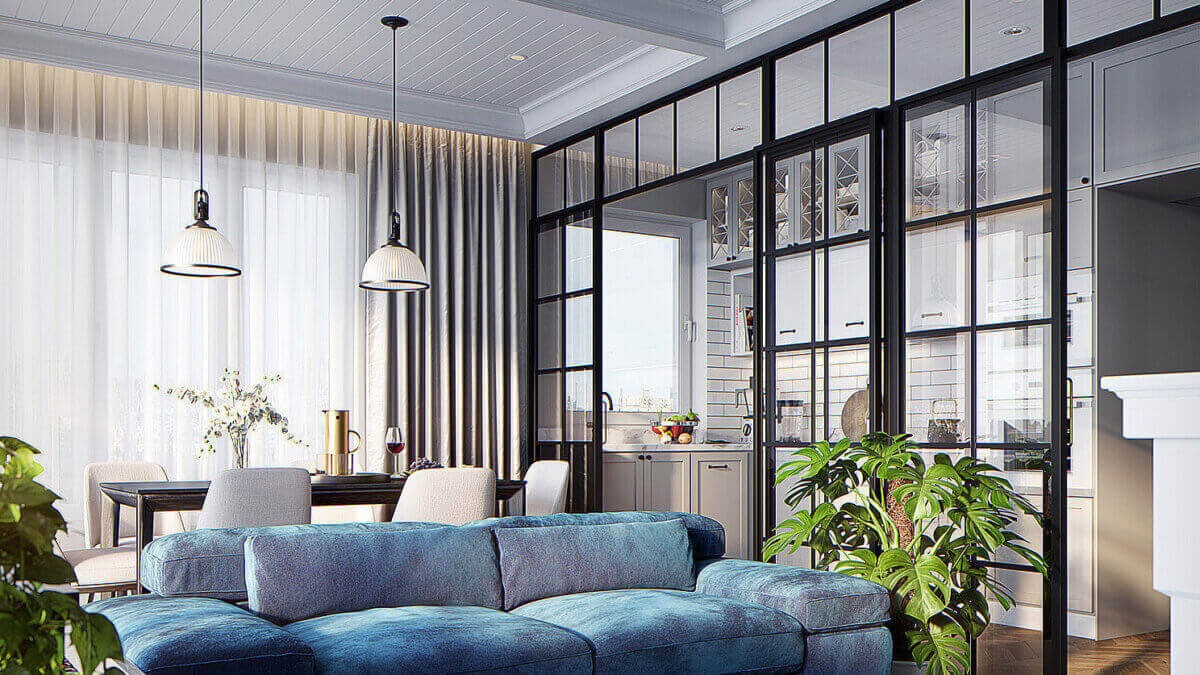 Nowoczesne wnętrze z przeszkleniami w czarnych ramach, oddzielającymi salon od kuchni, widok na stół jadalny i niebieską sofę.