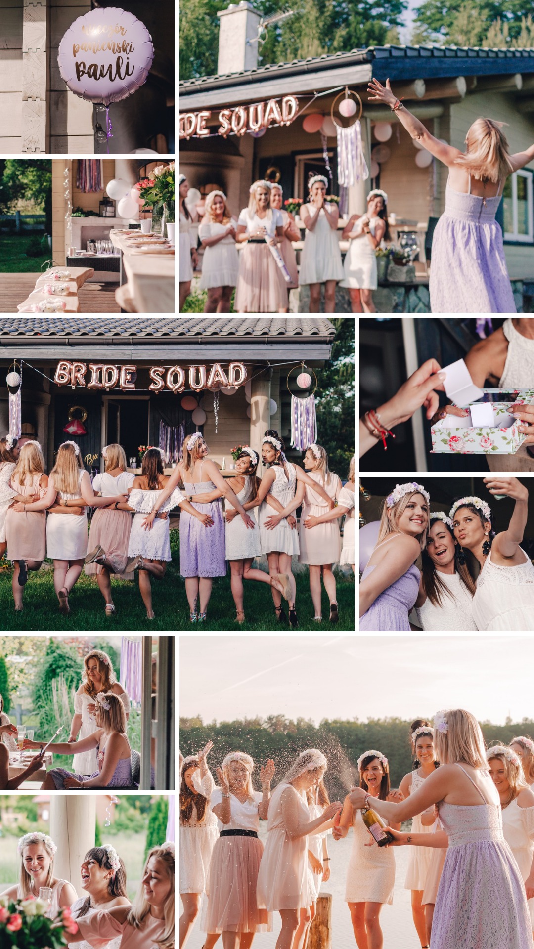Kolaż zdjęć z wieczoru panieńskiego: balon z napisem, grupa kobiet przed domem z napisem 'Bride Squad', otwieranie prezentu, selfie, toast, otwieranie szampana nad wodą.