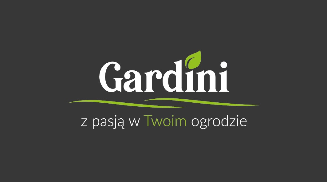 Logo firmy Gardini z zielonym listkiem nad 'i', hasło 'z pasją w Twoim ogrodzie' na szarym tle.
