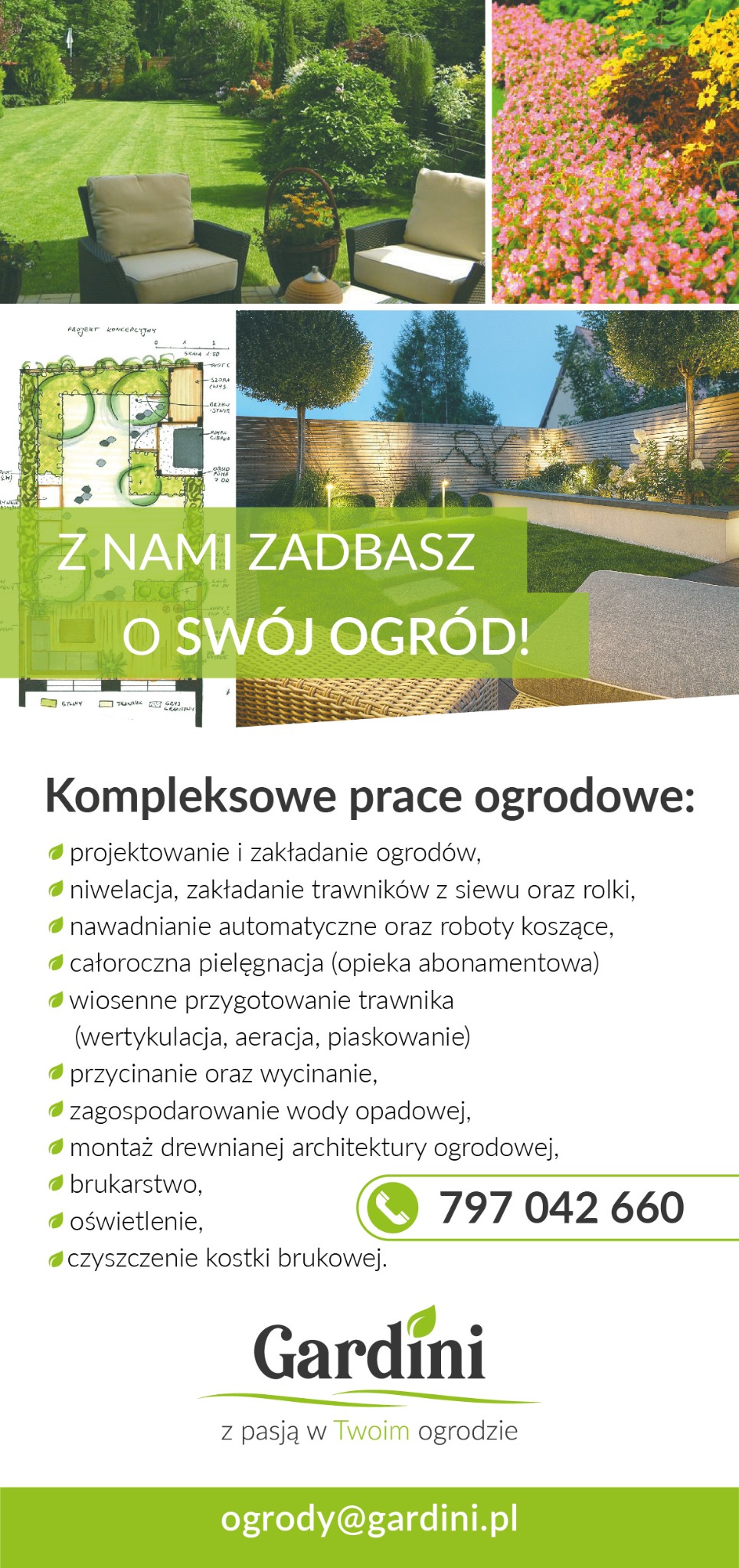 Kompozycja zdjęć z ofertą kompleksowych prac ogrodowych: wizualizacja projektu, fragment ogrodu z meblami ogrodowymi, rabata kwiatowa, oświetlona drewniana ściana, tekst z ofertą usług oraz logo...