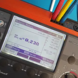 Miernik elektryczny MPI-520 z widocznym ekranem wyświetlającym wynik pomiaru impedancji pętli zwarcia ZL-N=0,23Ω, trzy kolorowe przewody pomiarowe w górnej części urządzenia.