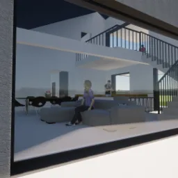 Wizualizacja wnętrza nowoczesnego domu z antresolą, widoczna przez duże okno z czarną ramą. Wnętrze zawiera szarą sofę, stół z krzesłami i schody spiralne. Na antresoli widoczna postać.