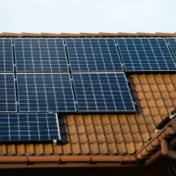 Panele słoneczne zamontowane na dachu z brązowej dachówki, widoczne rury spustowe i komin ze stali nierdzewnej.