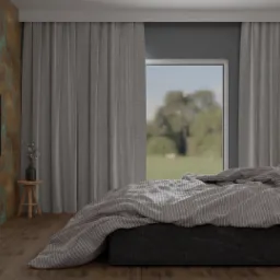 Nowoczesna sypialnia z łóżkiem kontynentalnym, drewnianą boazerią, telewizorem na ścianie z efektem rdzy oraz widokiem na zieleń za oknem.