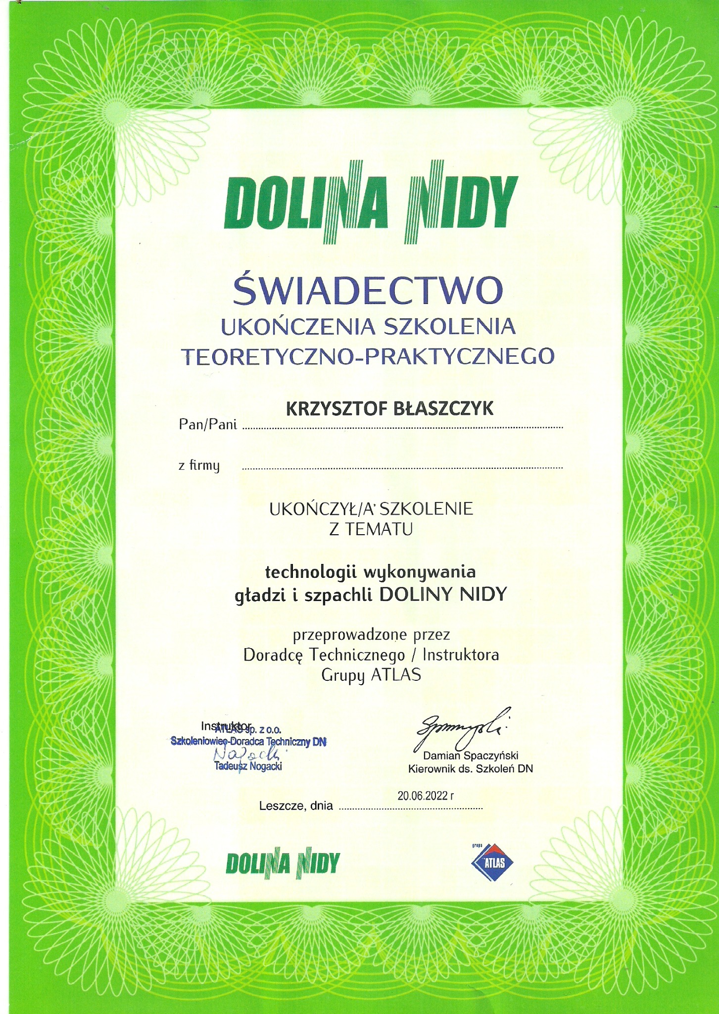 Skan świadectwa ukończenia szkolenia teoretyczno-praktycznego z technologii wykonywania gładzi i szpachli Doliny Nidy, wystawionego dla Krzysztofa Błaszczyka, z podpisami instruktorów i datą 20.06.