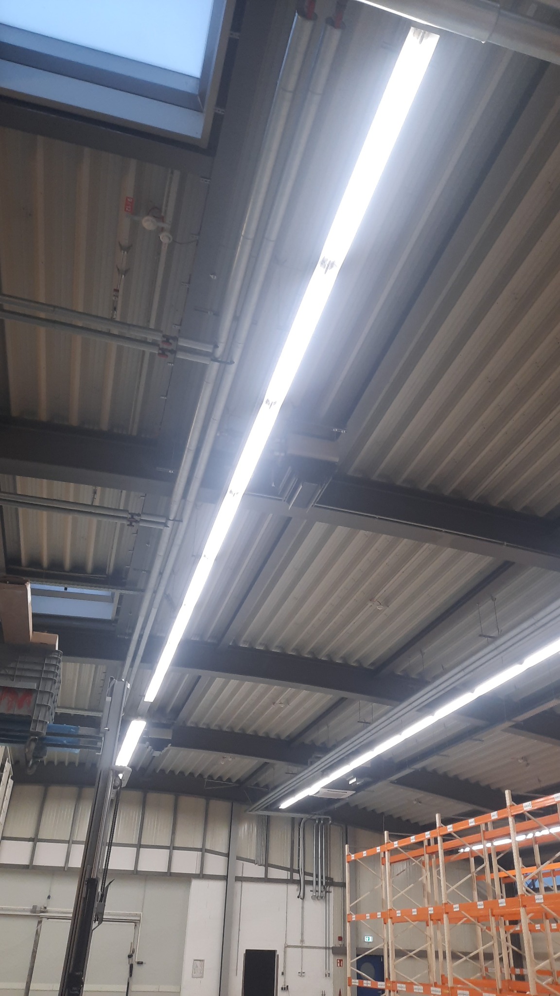 Wnętrze hali magazynowej z widocznymi lampami liniowymi LED pod sufitem z blachy trapezowej, instalacjami elektrycznymi i świetlikiem dachowym.