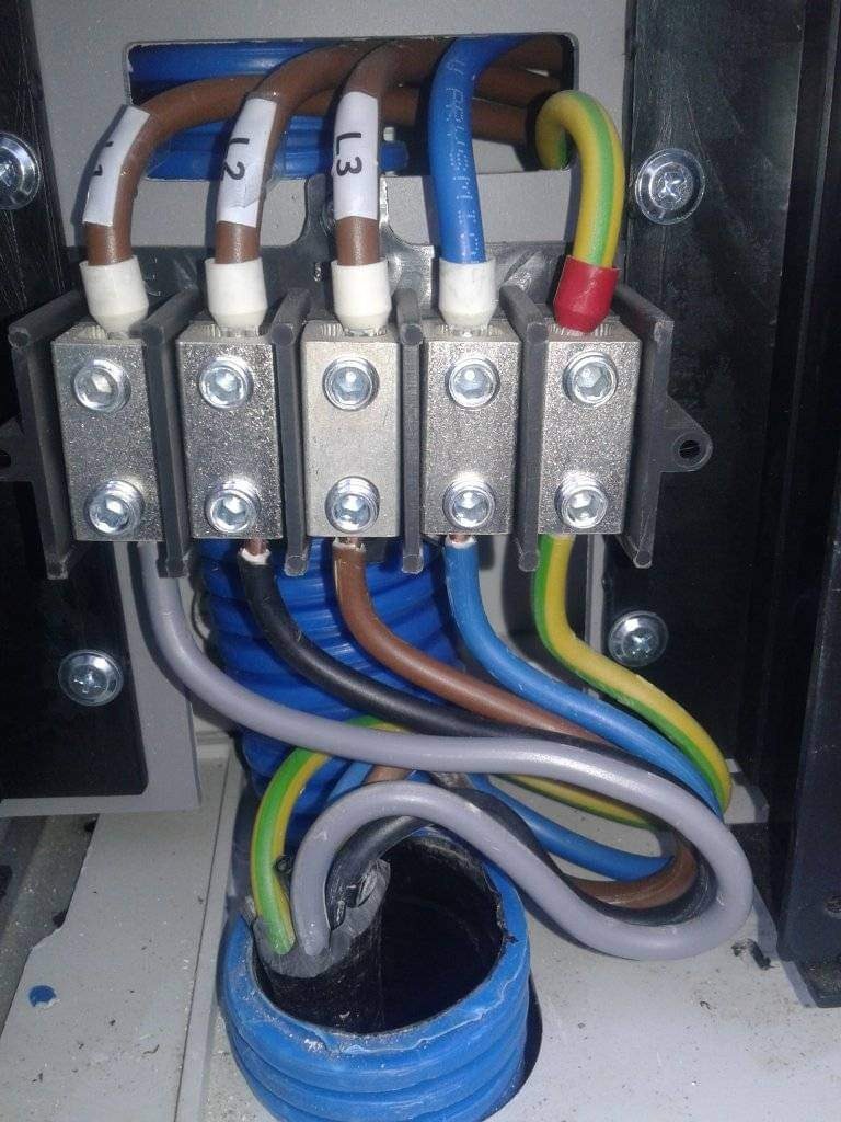 Połączenia przewodów elektrycznych w skrzynce rozdzielczej, z oznaczeniami L1, L2, L3 na brązowych kablach, zakończone metalowymi złączkami i śrubami, w niebieskiej rurze karbowanej.