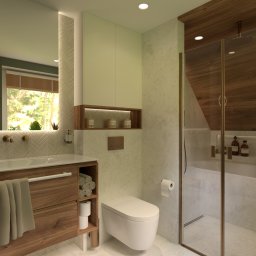 ProReal Studio Justyna Kępa - Nowoczesna łazienka z drewnianymi akcentami: szafka pod umywalką, półki, kabina prysznicowa. Jasne płytki, minimalistyczna toaleta, okno z widokiem na zieleń.